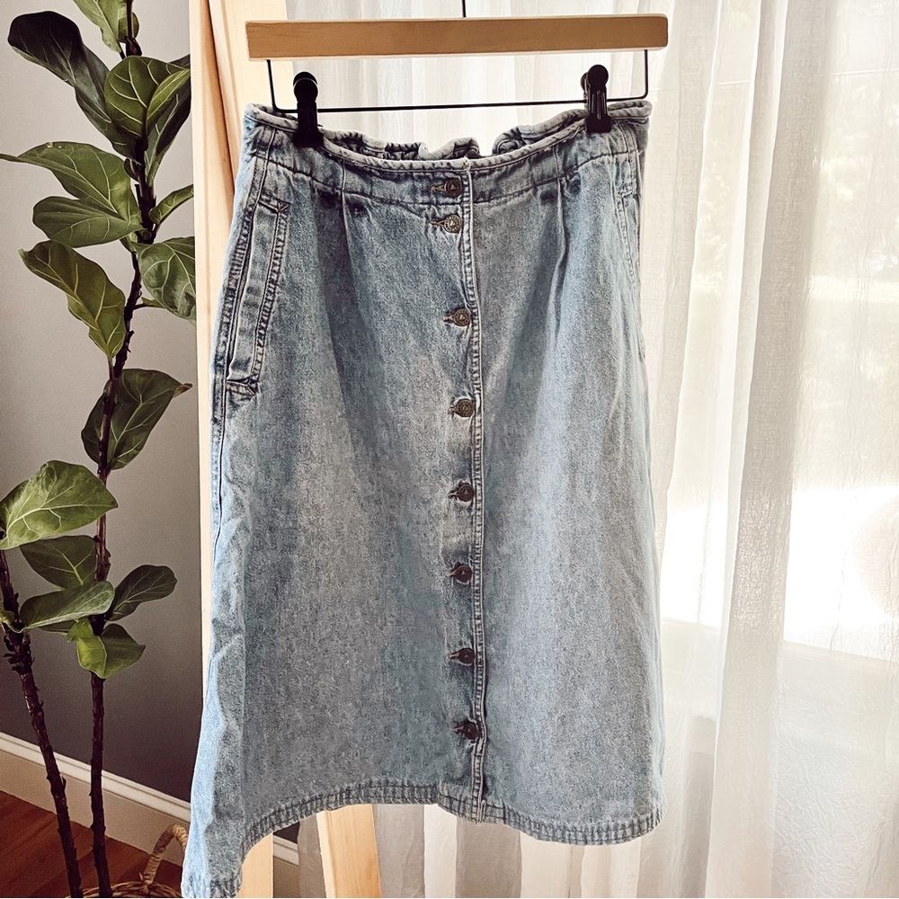 Vintage Liz Wear Denim High Waisted Button Elastic Midi Knee Skirt